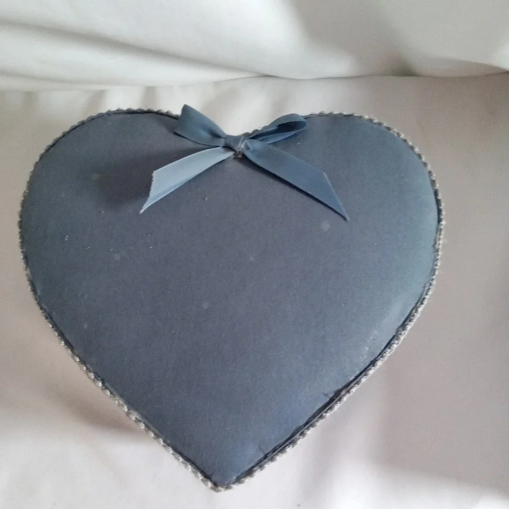 Vintage Style Blue Fabric Heart Shaped Keepsake Box with Silver Trim and Bow